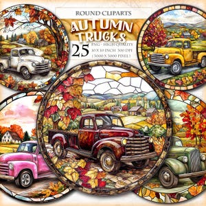 May include: A set of round clip art images depicting vintage trucks in autumnal scenes. Each image shows a different coloured truck, set against a backdrop of fall foliage and landscapes. The text "AUTUMN TRUCKS" and "25" are visible.