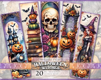Halloween Witches Bookmarks, Watercolor Digital Image, 2x7 inch 20 Bookmarks in 4 printable JPG pages, Gothic, Horror, Instant download.