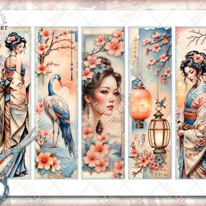 Geisha Bookmarks, Watercolor Digital Sheets, 2x7 Inch 25 Bookmarks in 5 ...