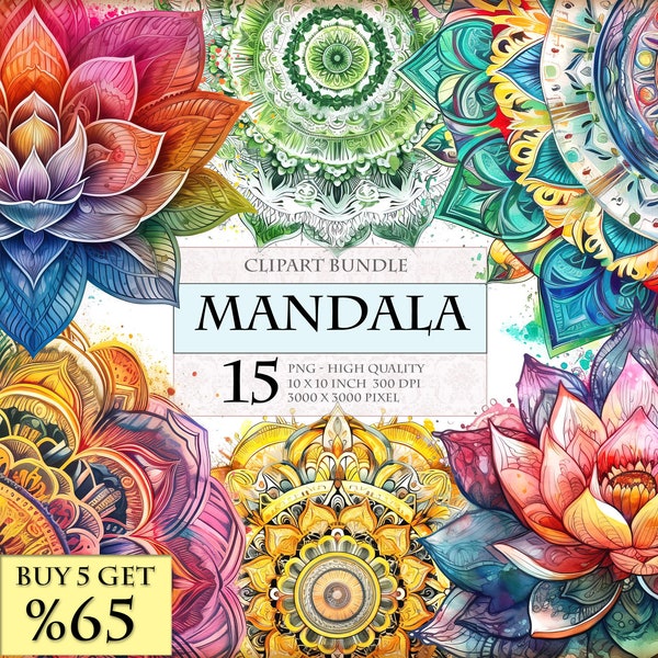 Mandala - Paquete de imágenes prediseñadas de acuarela - Descarga instantánea en formato PNG imprimible HQ
