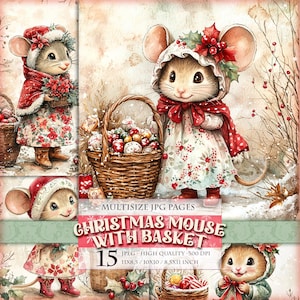 Rato de Natal com cesta, imagem JPG para impressão em vários tamanhos, clipart em aquarela, página de diário de lixo, decoupage, cartão postal, download instantâneo.