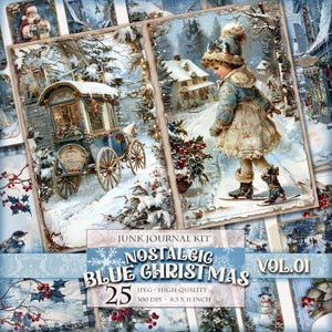 Nostalgic Blue Christmas Vol.01, Afdrukbare Junk Journal Kit, Digitale pagina's, Labels, ATC, 25 JPG-afbeelding, Ephemera Supply Directe download.
