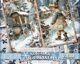 Nostalgic Blue Christmas Vol.01, Printable Junk Journal Kit, Digital Pages, Labels, ATC, 25 JPG image, Ephemera Supply Instant download.