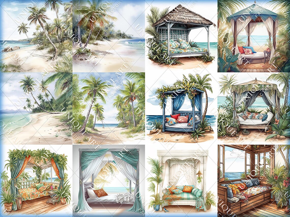 Summer Beach - Watercolor Clipart Bundle - 30 HQ Printable PNG + 12 ...