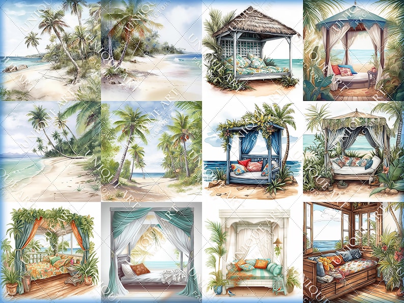 Summer Beach - Watercolor Clipart Bundle - 30 HQ Printable PNG + 12 ...