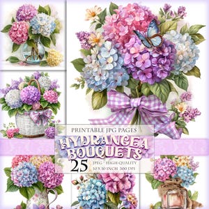 Puede incluir: Una colección de ilustraciones en acuarela con ramos de hortensias en varios arreglos. Las flores son en tonos de rosa, morado y azul. Una mariposa descansa sobre un ramo. El texto dice "Hydrangea Bouquets 25" y "10 x 10 pulgadas 300 DPI".