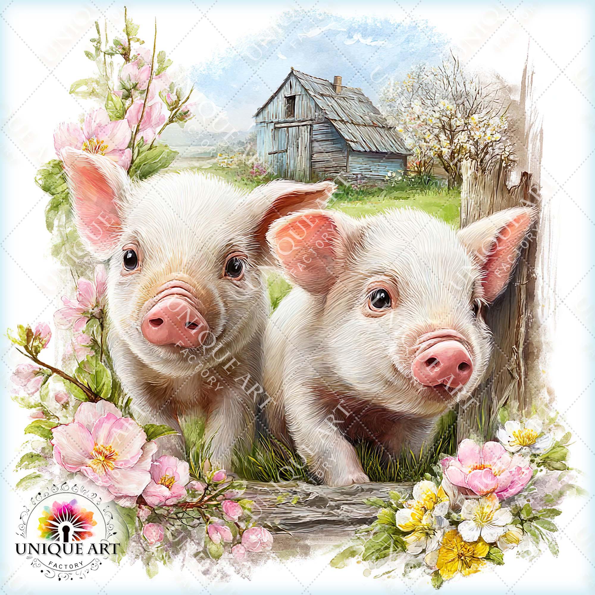 Piglets In Spring Spring Farm Piglets, Printable 35 JPG Image, Floral Meadow, Cottagecore ...