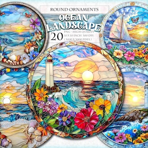 May include: A set of 20 vintage ocean landscape round ornaments featuring various nautical scenes like lighthouses, sailboats, and crashing waves in rich blue and sunset tones. The collage is displayed on a light background with the text 'Ocean Landscape 20 PNG High Quality' in an elegant font.
