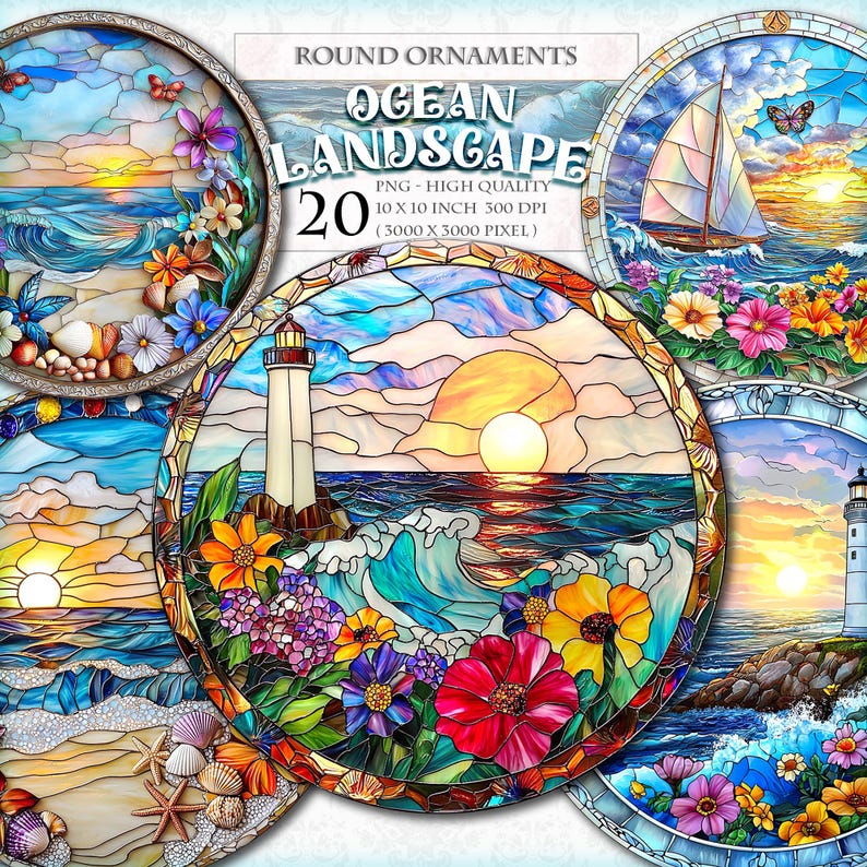May include: A set of 20 vintage ocean landscape round ornaments featuring various nautical scenes like lighthouses, sailboats, and crashing waves in rich blue and sunset tones. The collage is displayed on a light background with the text 'Ocean Landscape 20 PNG High Quality' in an elegant font.