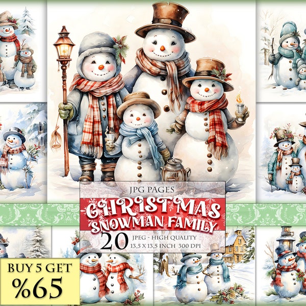 Christmas Snowman Family, Watercolor Printable Pages, HQ 20 JPG - 13,5 X 13,5 inch, Digital Collage Sheet, Instant download.