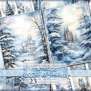 Paisagem de floresta de inverno, páginas de diário de lixo para impressão em aquarela, 23 JPG - 11 x 8,5 polegadas, folhas de colagem digital para download instantâneo
