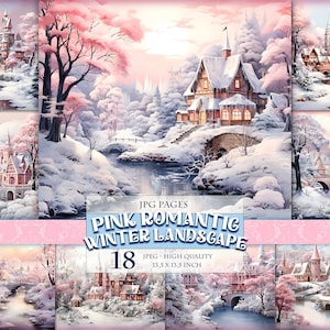 Paisagem romântica rosa de inverno, vista de rio congelado, imagem HQ 17 JPG para impressão, clipart em aquarela, páginas de scrapbook, download instantâneo.