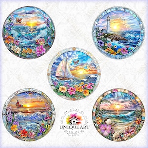 May include: Five round stained glass designs featuring a seascape with a sunset, a sailboat, a lighthouse, a beach scene, and a seascape with a butterfly. Each design is surrounded by colorful flowers.