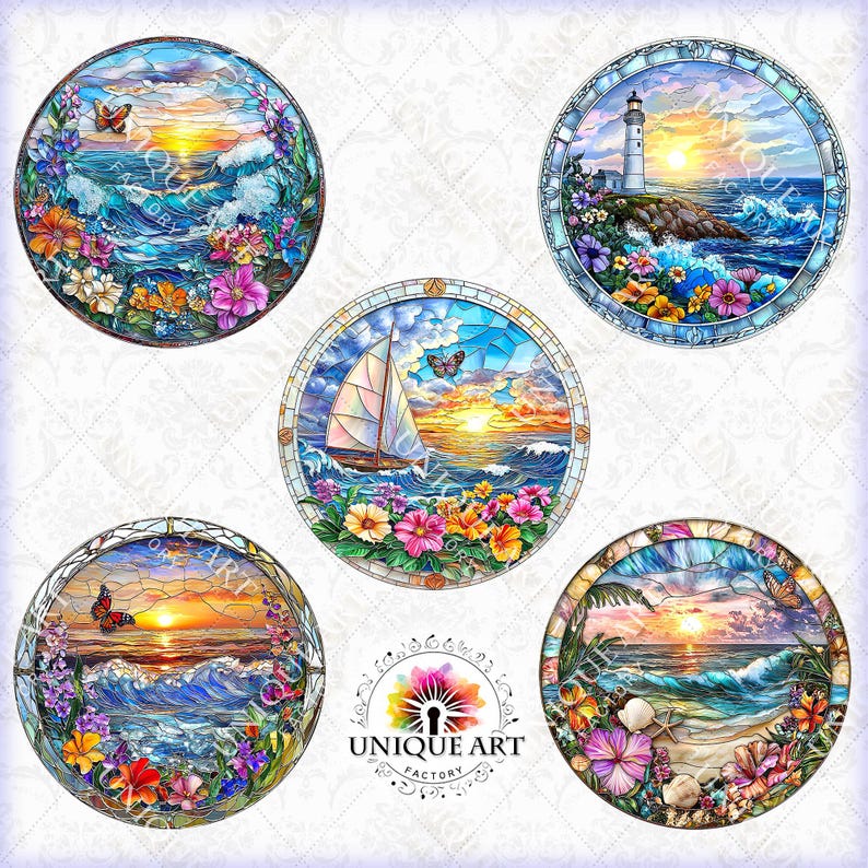 May include: Five round stained glass designs featuring a seascape with a sunset, a sailboat, a lighthouse, a beach scene, and a seascape with a butterfly. Each design is surrounded by colorful flowers.