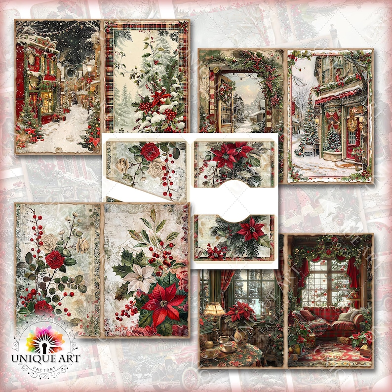 May include: A digital collage sheet with 10 images featuring winter scenes with red and white poinsettia flowers, snow-covered houses, and Christmas decorations. The images are perfect for scrapbooking, card making, and other craft projects.