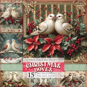 クリスマスの鳩、冬の動物の風景、印刷可能な 15 枚の高画質 JPG 画像、スクラップブック、ジャンク ジャーナル、ポストカード、デコパージュ、水彩画、即時ダウンロード