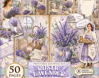 Rustic Lavender Junk Journal Kit, 50 Printable Pages, Cottagecore Digital Paper and Ephemera (Digital Download)