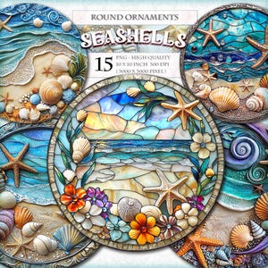 Puede incluir: 15 adornos redondos con temática de conchas marinas y océano. Cada adorno tiene 25,4 cm de diámetro y un diseño de vitral con una escena de playa, conchas marinas, estrellas de mar y flores. Los adornos son de alta calidad y 300 DPI.