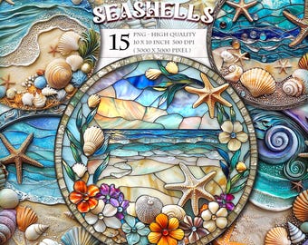 Seashell Round Ornaments, 15 PNG Coastal Botanical Circles for Junk Journals, Nautical Ocean Ephemera, Beach House Digital Clipart