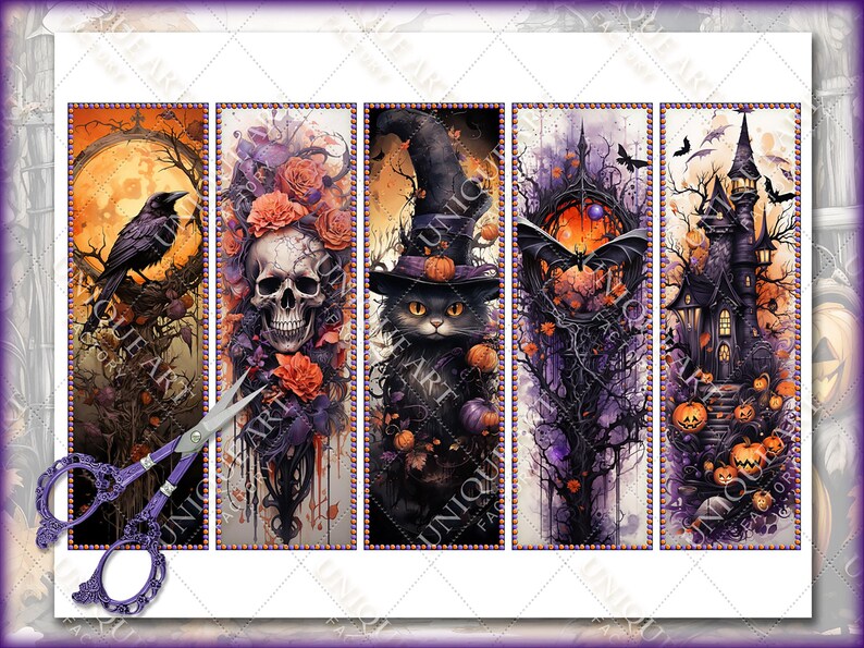 May include: Set of five Halloween-themed bookmark designs. The bookmarks feature a black crow, a skull with flowers, a black cat with a witch's hat, a spooky tree with a bat, and a haunted house with pumpkins.