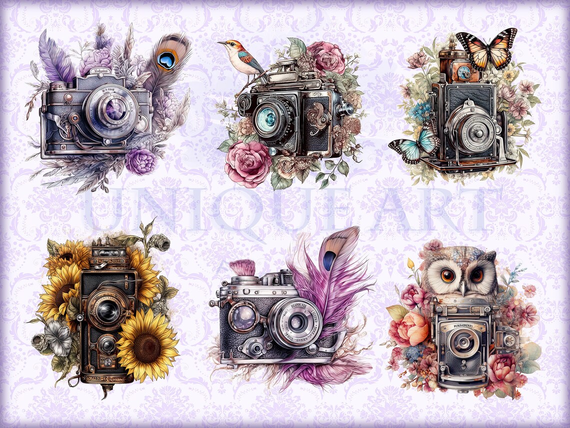 Antique Camera and Flowers Watercolor Clipart Bundle HQ - Etsy