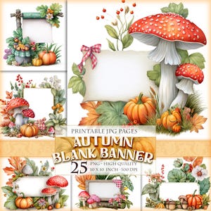 Bannière vierge automne, clipart PNG, récolte d'automne champignons et plantes, image imprimable 25, éphémères autocollant coupes difficiles, téléchargement immédiat.
