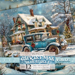 Christmas Blue Streets Vol.03, Winterlandschaft, druckbare digitale Bild, Scrapbook, Junk Journal, Decoupage, Postkarte, sofort download.