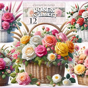 Rose nel cesto, pacchetto di clipart di fiori di rosa ad acquerello, 12 immagini stampabili ad alta qualità, formato PNG trasparente, download immediato.