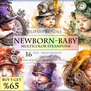 Steampunk Multicolor Baby and Newborn - Watercolor ClipArt Bundle - HQ Printable PNG format instant download