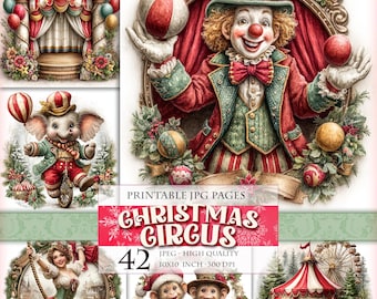 Christmas Circus, Printable 42 JPG image, Nostalgic Noel Landscape Junk Journal Clipart Ephemera Pages Postcard Art, instant download.