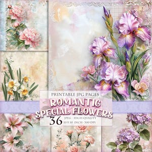 Flores románticas especiales, clipart floral de primavera, imagen JPG HQ 36 imprimible, páginas de folio de diario basura, efímeras de álbum de recortes, descarga instantánea.