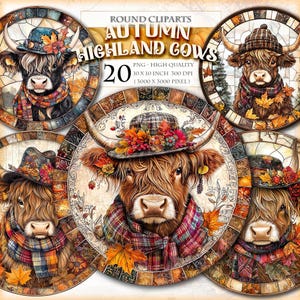 Könnte beinhalten: Runde Cliparts mit Highland-Kühen in Herbstkleidung. Jede Kuh trägt einen Hut mit Blumen und Herbstblättern sowie einen Schottenkaro-Schal. Der Text "AUTUMN HIGHLAND COWS" und "20 PNG - HIGH QUALITY 10 X 10 INCH 300 DPI (3000 X 3000 PIXEL)" ist enthalten.