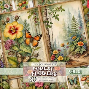 Forest Flowers Vol.01, Zestaw do dziennika śmieci akwarelowych kwiatów, do wydrukowania 20 JPG - 11X8,5 cala Natychmiastowe pobranie, decoupage Cyfrowe arkusze kolażu