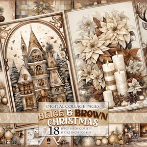 Natal bege e marrom, vistas do Papai Noel, imagem HQ 18 JPG para impressão, itens efêmeros, páginas de diário de lixo, folha de colagem digital, download instantâneo.