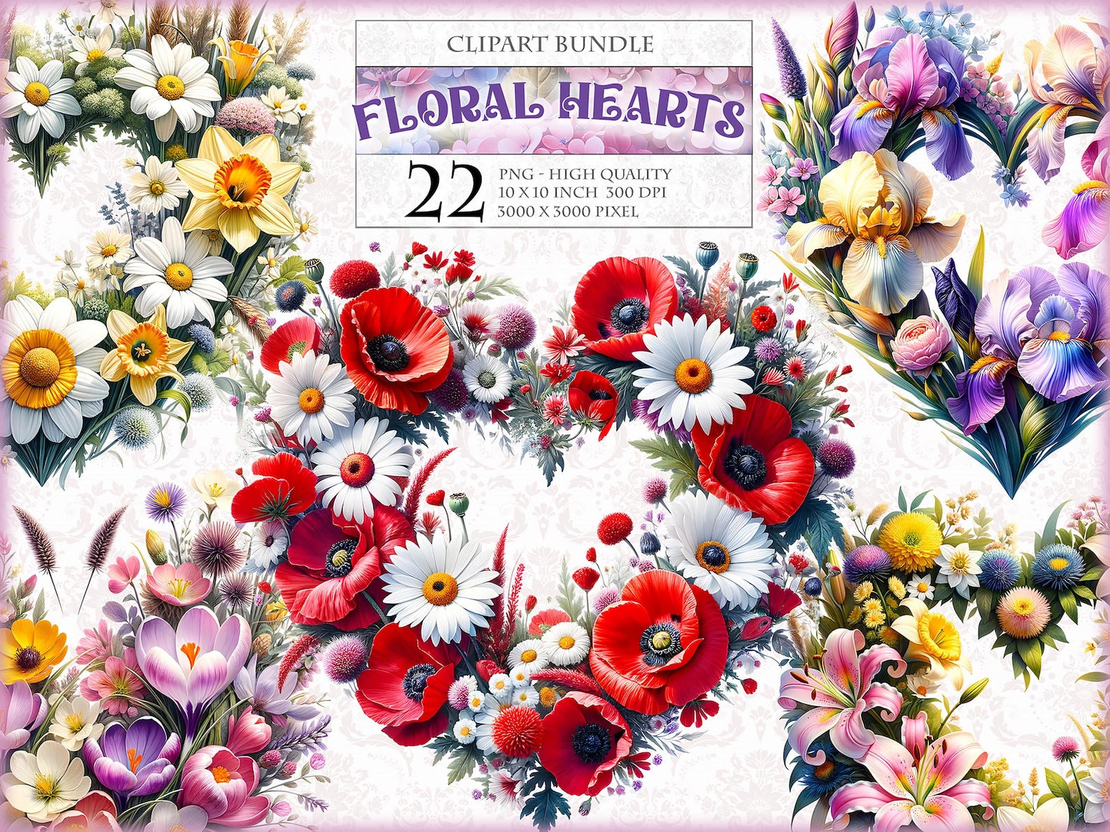 Floral Hearts, for Valentine's and Special Days, Clipart Bundle, 22 HQ ...