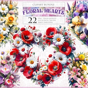 Corazones florales, para San Valentín y días especiales, paquete de imágenes prediseñadas, 22 HQ imprimibles, formato PNG transparente, sublimación, descarga instantánea.