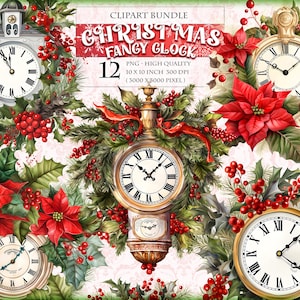 Kerstmis - mooie klok, afdrukbaar 12 HQ PNG-bestand, aquarel clipartbundel, sublimatie, plakboek, junkdagboek, instant download.