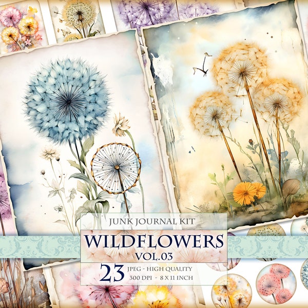 Dandelion, Wildflowers Vol.03, Watercolor Junk Journal Kit, 23 JPG - 11X8 inch, Instant download and printable, Digital collage sheet