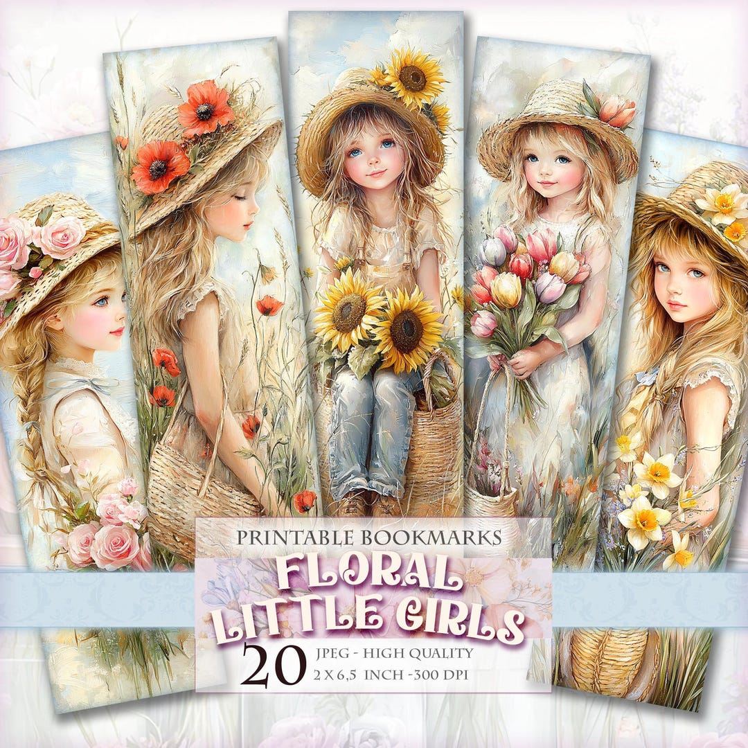 Floral Little Girl Bookmarks, 2x6,5 Inch 20 Bookmarks in 4 Printable ...