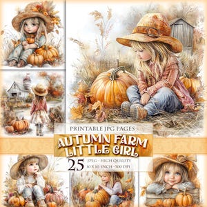 Ferme d'automne petite fille, paysage de chalet d'automne, image imprimable 25 JPG, art numérique, pages de journal indésirable, albums éphémères de scrapbooking, téléchargement immédiat.