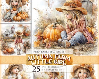 Op de afbeelding: Een digitale kunstafdruk met een jong meisje in een strohoed, omringd door pompoenen en herfstbladeren. De afbeelding heeft een aquarel-stijl en bevat de tekst "AUTUMN FARM LITTLE GIRL" en "25 JPEG - HIGH QUALITY 10 X 10 INCH - 300 DPI".