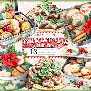 Weihnachtsplätzchen-Boxen, Lebkuchen, Gebäck-Themen-Aquarell-Clipart-Bundle, 18 qq bedruckbar, PNG-Format, Sublimation, sofortiger Download.