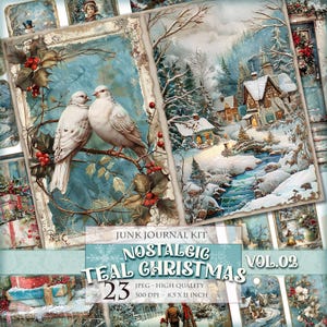 ノスタルジック ティール クリスマス Vol.02、印刷可能なジャンク ジャーナル キット、デジタル ページ、タグ、ラベル、ATC、23 JPG 11 x 8.5 インチ画像、即時ダウンロード。