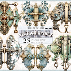Vintage Hinges Vol.02, Pakiet clipartów akwarelowych, 25 obrazów HQ do druku, Przezroczysty format PNG, natychmiastowe pobranie.