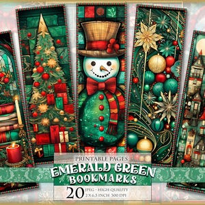 Smaragdgroene en rode bladwijzers, vintage Noel, aquarel digitale vellen, 2 x 6,5 inch 20 bladwijzers op 4 afdrukbare JPG-pagina's Directe download.