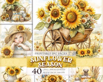 Sunflower Season, Spring Flowers, Floral Clipart, Printable HQ 40 JPG image, Junk Journal Folio Pages, Scrapbook Ephemera, Instant download.