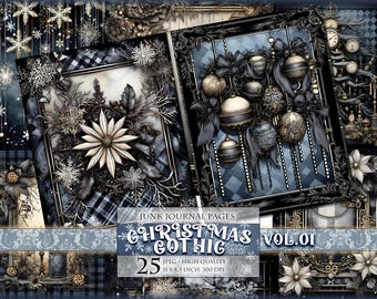 以下が含まれることがあります： ゴシックなクリスマスをテーマにした、デジタルジャンクジャーナルページ25枚セット。ページはダークブルーとブラックのカラーリングで、雪片、オーナメント、花柄など、複雑なデザインが施されています。ページには「Christmas Gothic Vol. 01」の文字が表示されています。