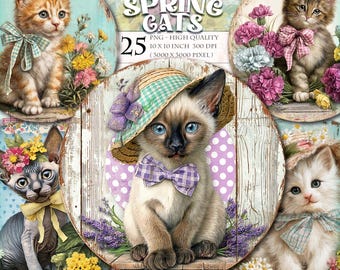 Spring Cats Round Ornaments: Vintage Kitten Clipart with Floral Easter Hats for Coasters, Sublimation Designs and Shabby Chic Nursery Decor