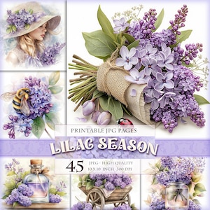 Saison des lilas, fleurs de printemps, clipart floral, image imprimable HQ 45 JPG, pages folio de journal indésirable, éphémères de scrapbooking, téléchargement immédiat.
