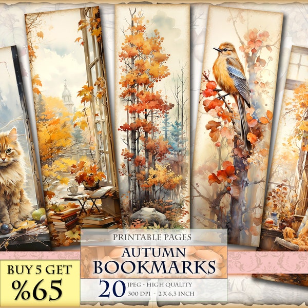 Autumn Bookmarks, Fall Landscape, Watercolor Digital Sheets, 2x6,3 inch 20 bookmarks in 4 printable JPG pages, Instant download.